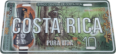 Placa decorativa con diseño de billete, perezoso y letras Costa Rica Pura Vida.