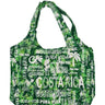 Bolso verde con palmeras, figuras de animales y letras Costa Rica Pura Vida blancas.